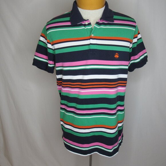 Brooks Brother Performance Slim Fit Polo Blue Pink Stripe Men's L Large - Picture 1 of 8